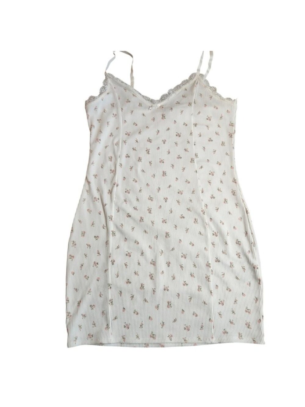 Divided Pink Floral Ribbed Lace Trim Cami Mini Dress Cream Large